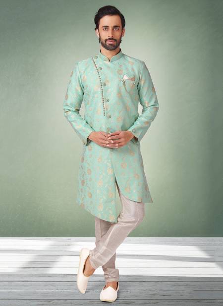 Sea Green Colour Heavy Wedding Wear Jacquard Banarasi Brocade Indo Western Mens Collection 1073